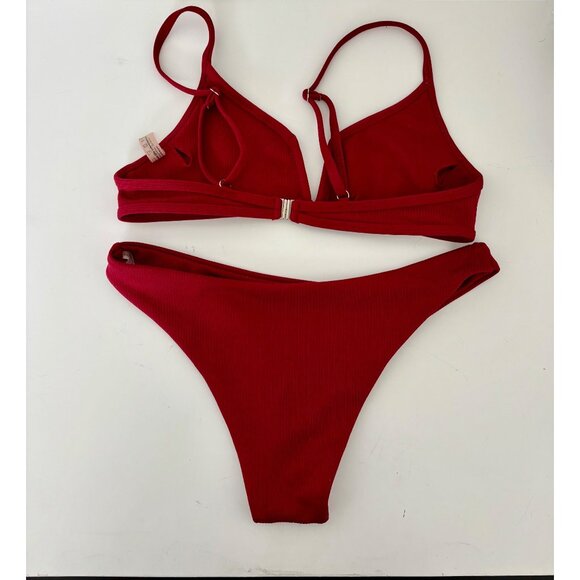 Ribbed Swimsuit 6 Bikini Plunge Neckline Athleisure Minimalist Chic Coquette - Picture 11 of 14